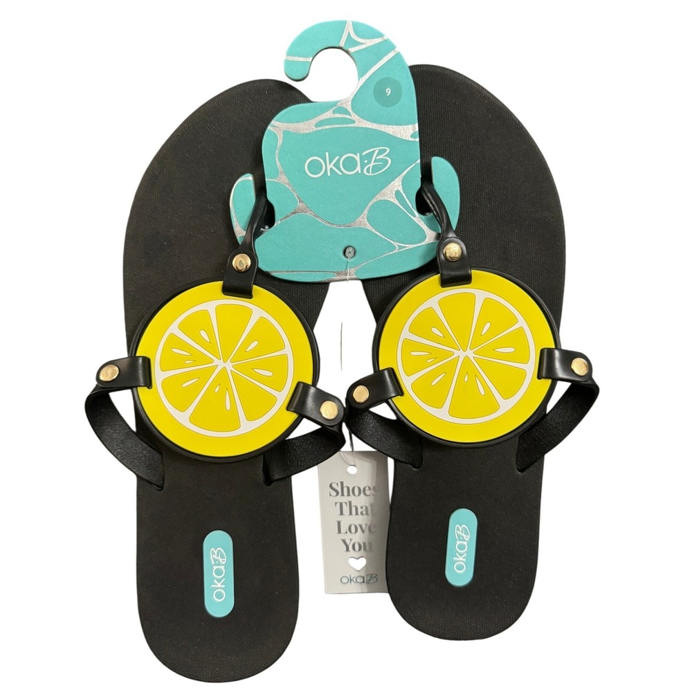 NWT Oka B Solara Licorice Lemon Medallion Flip Flop Sandals Size 9 Black Yellow